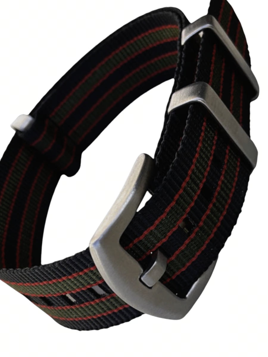 Einteiliges uhren, Armband, Nato sTrap, gestreift, schwarz orange oliv Goldfinger