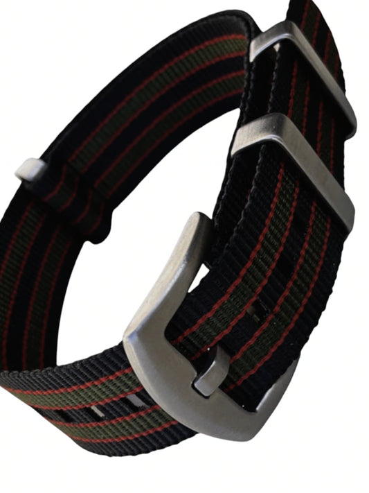 Einteiliges uhren, Armband, Nato sTrap, gestreift, schwarz orange oliv Goldfinger