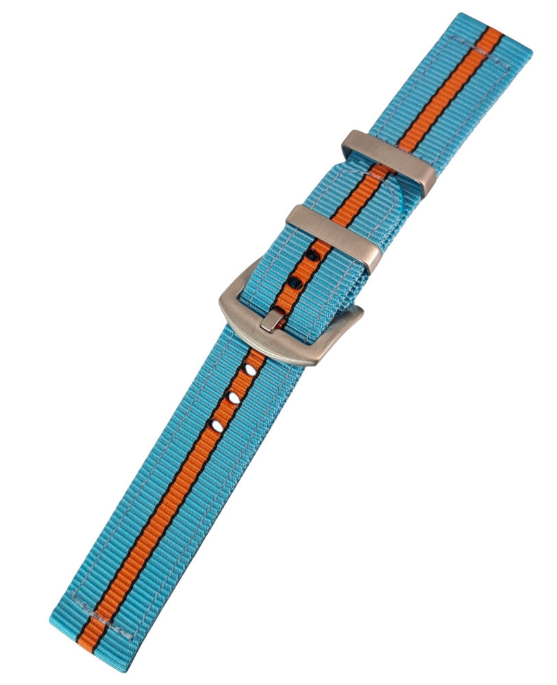 Zweiteiliges Uhren Armband blau orange, schwarz gestreift. Gulf Racing Armband